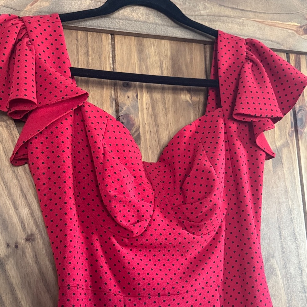 Stop Staring! ❤️ Polka Dot Midi Dress with Ruffle Shoulders - Picture 7 of 8